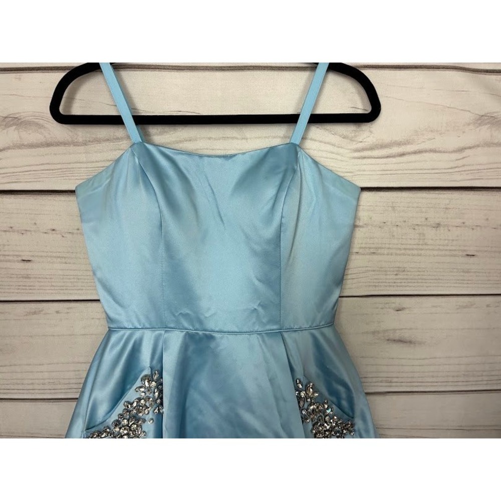 Sherri Hill Light Blue Satin Embellished Pocket Cocktail Dress Size 6 - Picture 3 of 8
